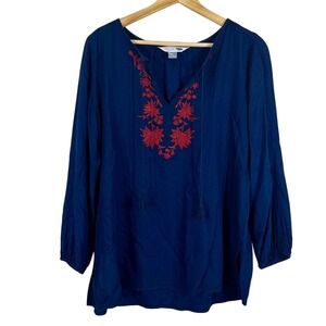 Old Navy‎ Womens Small Navy Blue Red Floral Embroidered Tunic Shirt Boho Top